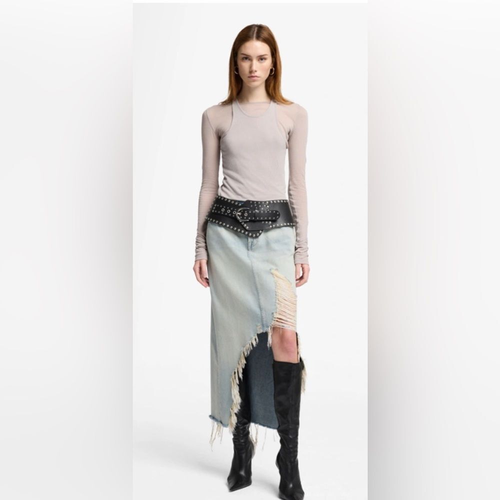 7 For All Mankind Denim Midi Skirt in Peaches Distressed Light Wash Size 27 NWT - Picture 2 of 14